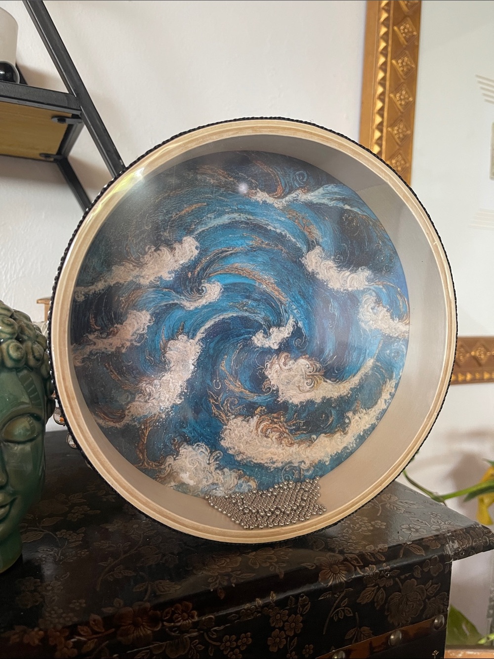 Blue & White Abstract Swirl Home Art Accent Bead Drum